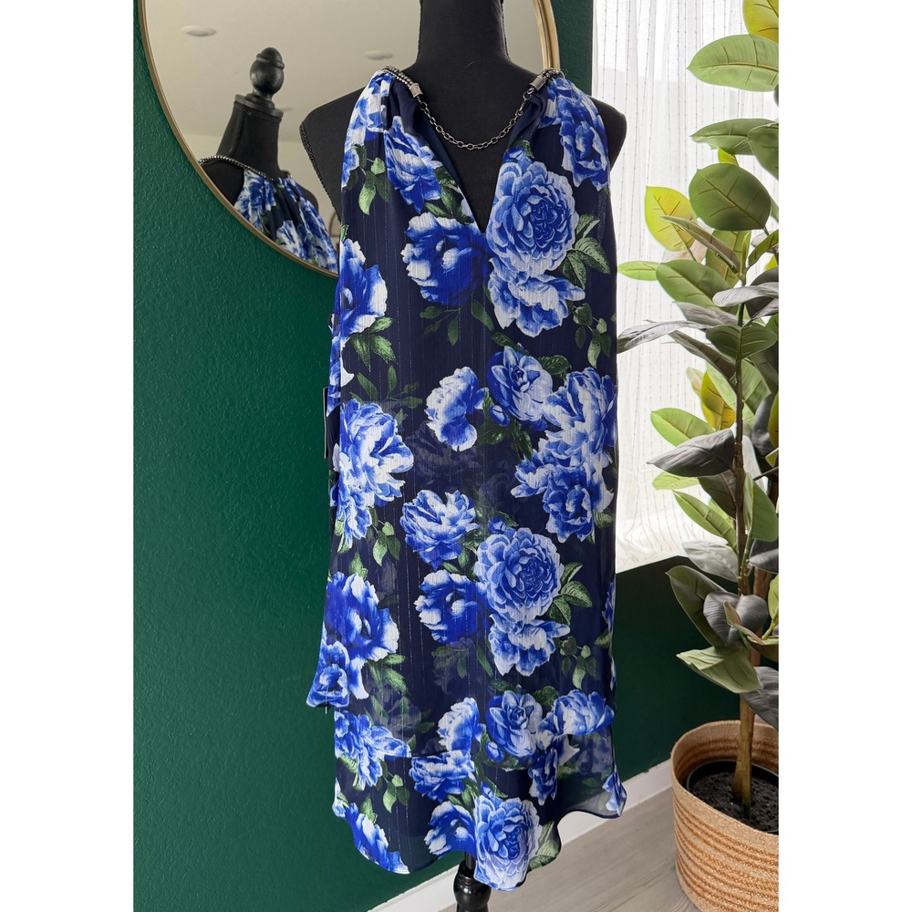 SLNY Blue Floral Tiered Halter Dress Metallic Stripe Size 18 Resortwear Vacation - Picture 4 of 11